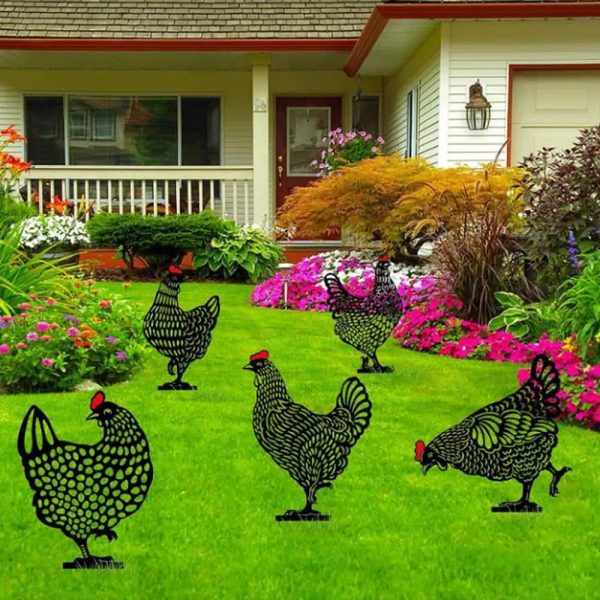 5Pcs   Set Garden Hen Chicken Yard Art Lawn Floor Decoration Animal Silhouette Garden Stakes Supply