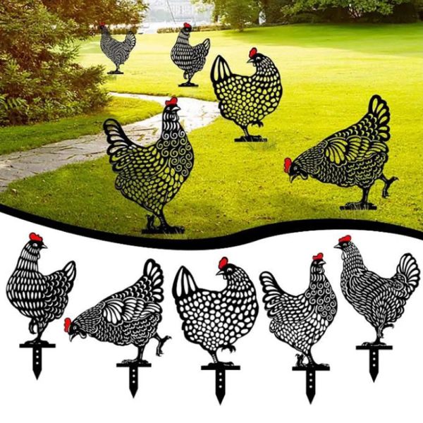 5Pcs   Set Garden Hen Chicken Yard Art Lawn Floor Decoration Animal Silhouette Garden Stakes Supply