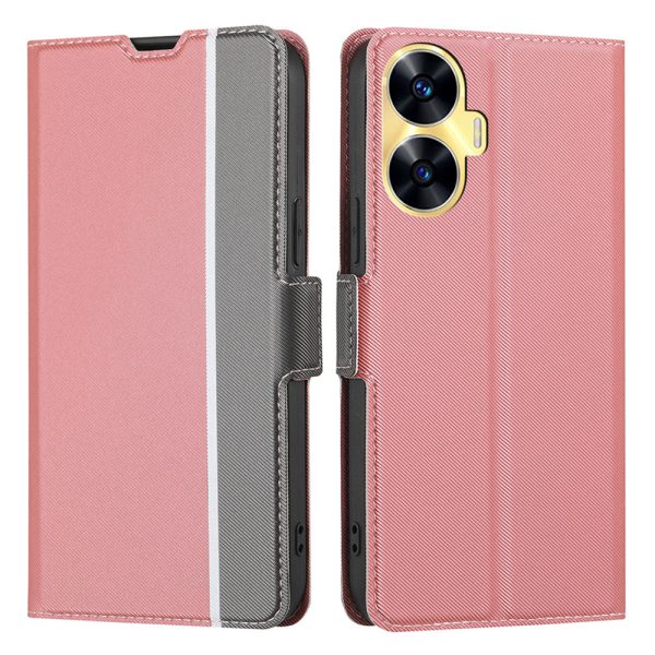 For Realme C55 Card Slot Twill Texture Phone Cover Stand Anti-Scratch TPU+PU Leather Case Online