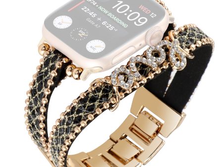 For Apple Watch Series 8 7 41mm   Series 6 5 4 SE SE (2022) 40mm   Series 1 2 3 38mm Leather+Metal Watch Strap with Rhinestone Online now