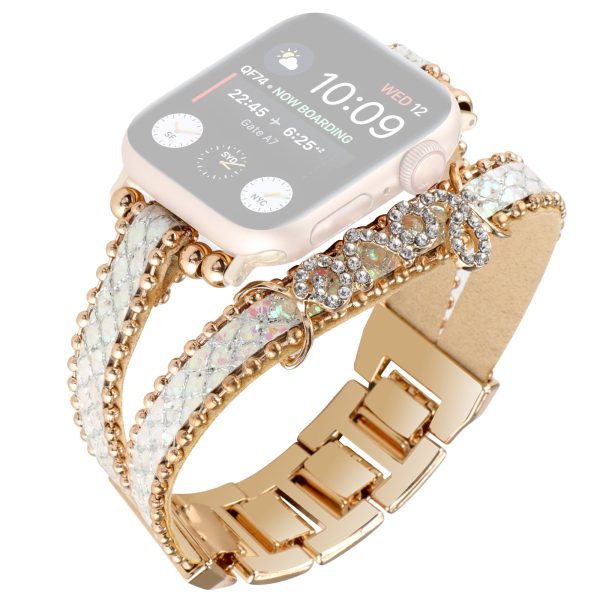 For Apple Watch Series 8 7 41mm   Series 6 5 4 SE SE (2022) 40mm   Series 1 2 3 38mm Leather+Metal Watch Strap with Rhinestone Online now